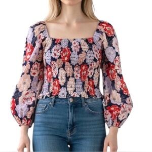Sienna Sky Smocked Long Sleeved Floral Top Square neck Balloon sleeves XL NWT
